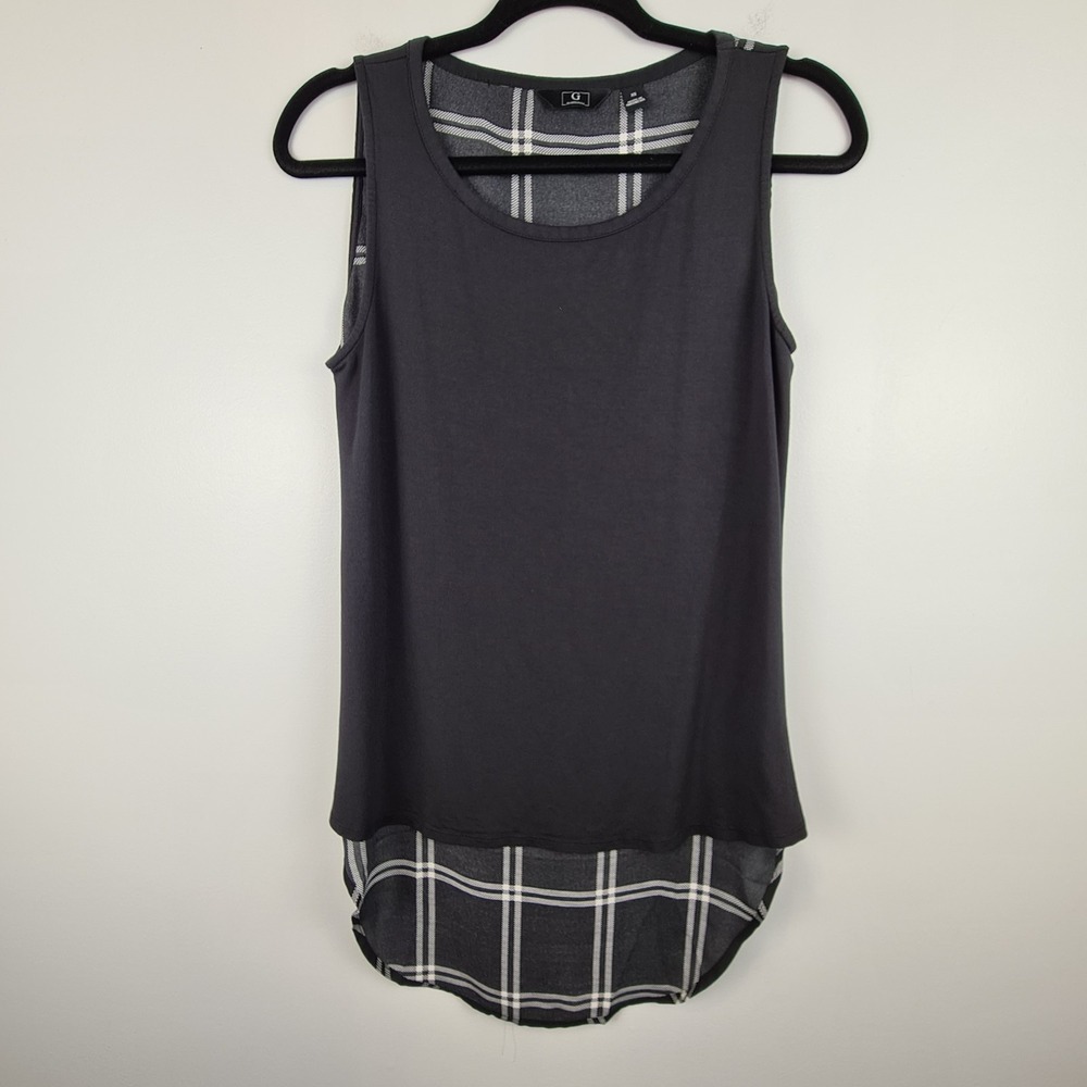 G By Giuliana Women's Mixed Media Tank‎ TOP XS TUNIC Shirt High Low Black Plaid